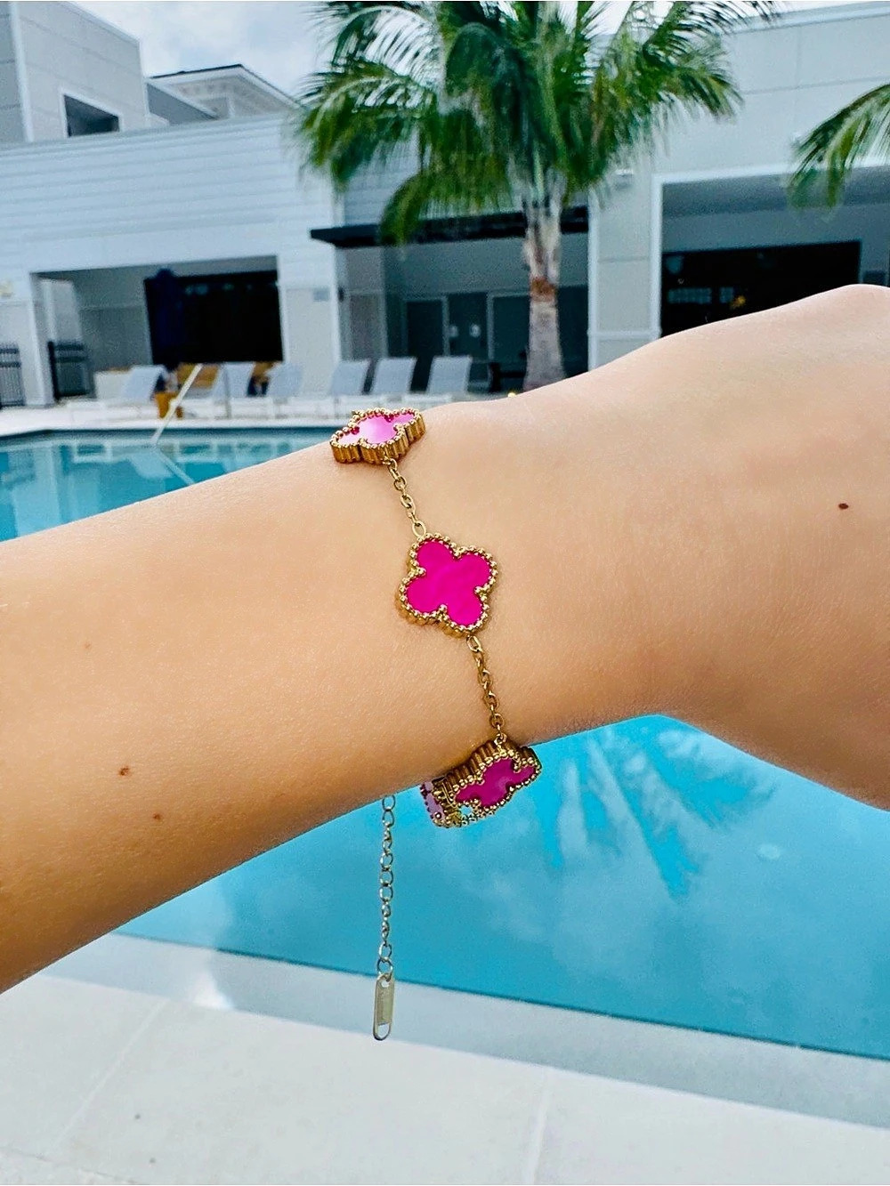 Gold-Plated Hot Pink Clover Link Bracelet